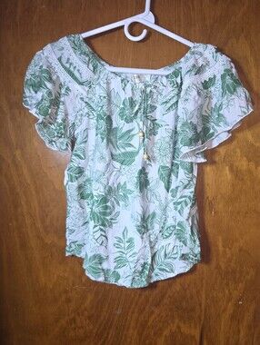Cure Petites Green White Floral Peasant Blouse Lace Trim Ruffle Sleeve Small
